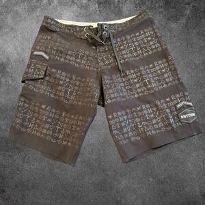 Rhythm Board Shorts Mens 32 Black Geometric Print Surf Swim Stretch Cargo Pocket
